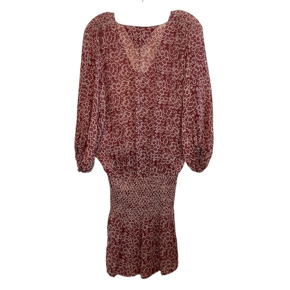 Ulla Johnson Samira Drop Waist Size 2‎ Silk Bordeaux Red Floral Sheer Smocked - Picture 2 of 6